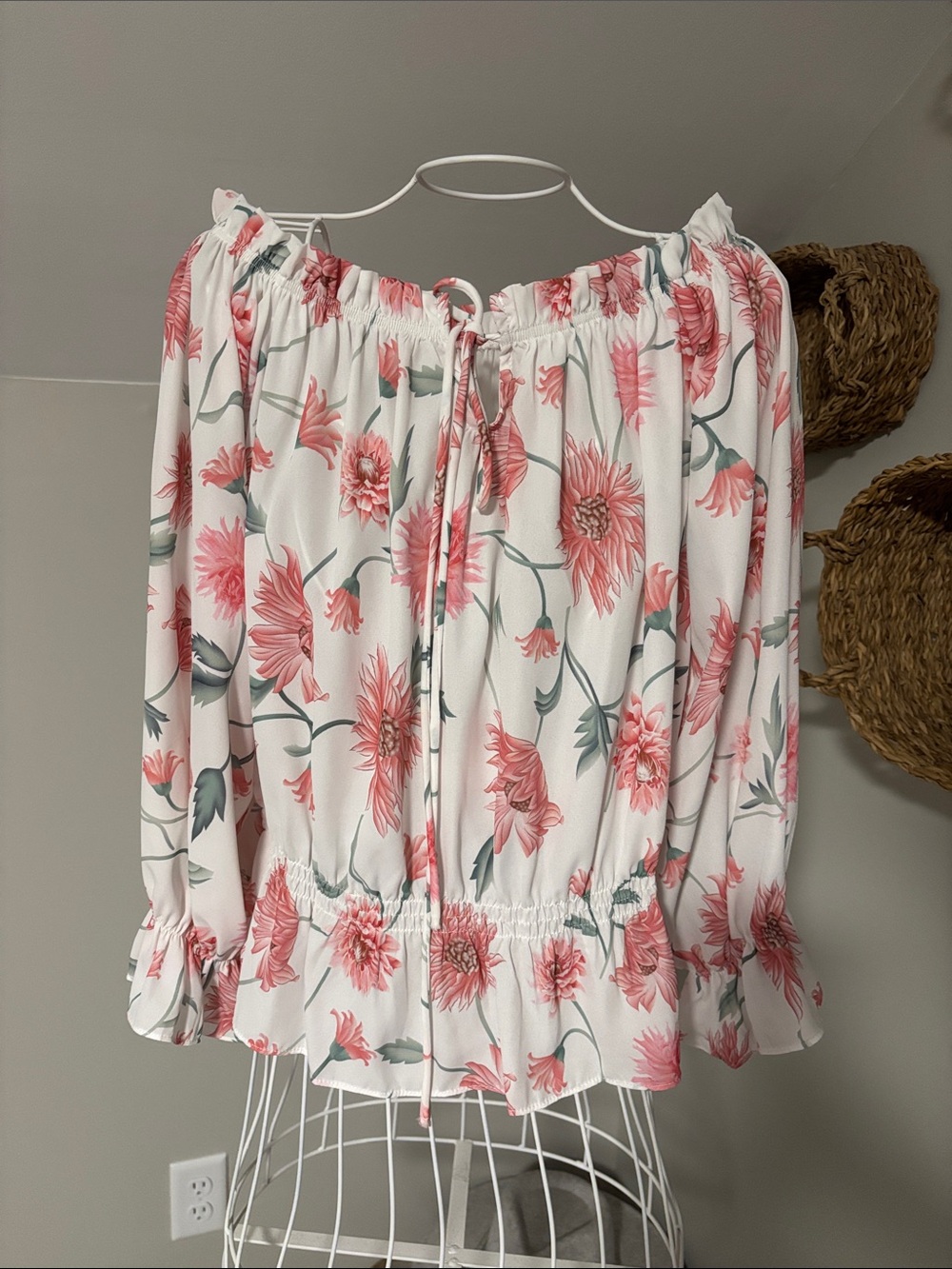 White Off-Shoulder Floral Blouse with Pink Bloom Print